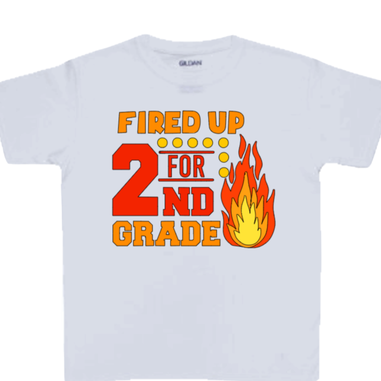 White t-shirt with 'Fired Up for 2nd Grade' design featuring flames on a white background