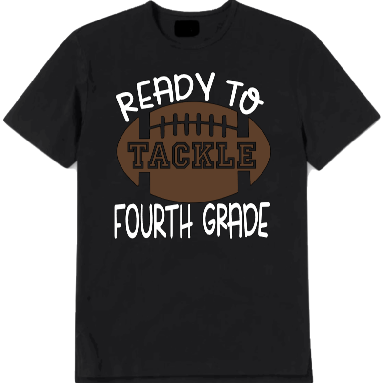 Black t-shirt with a football graphic and text 'Ready to Tackle Fourth Grade' on a white background