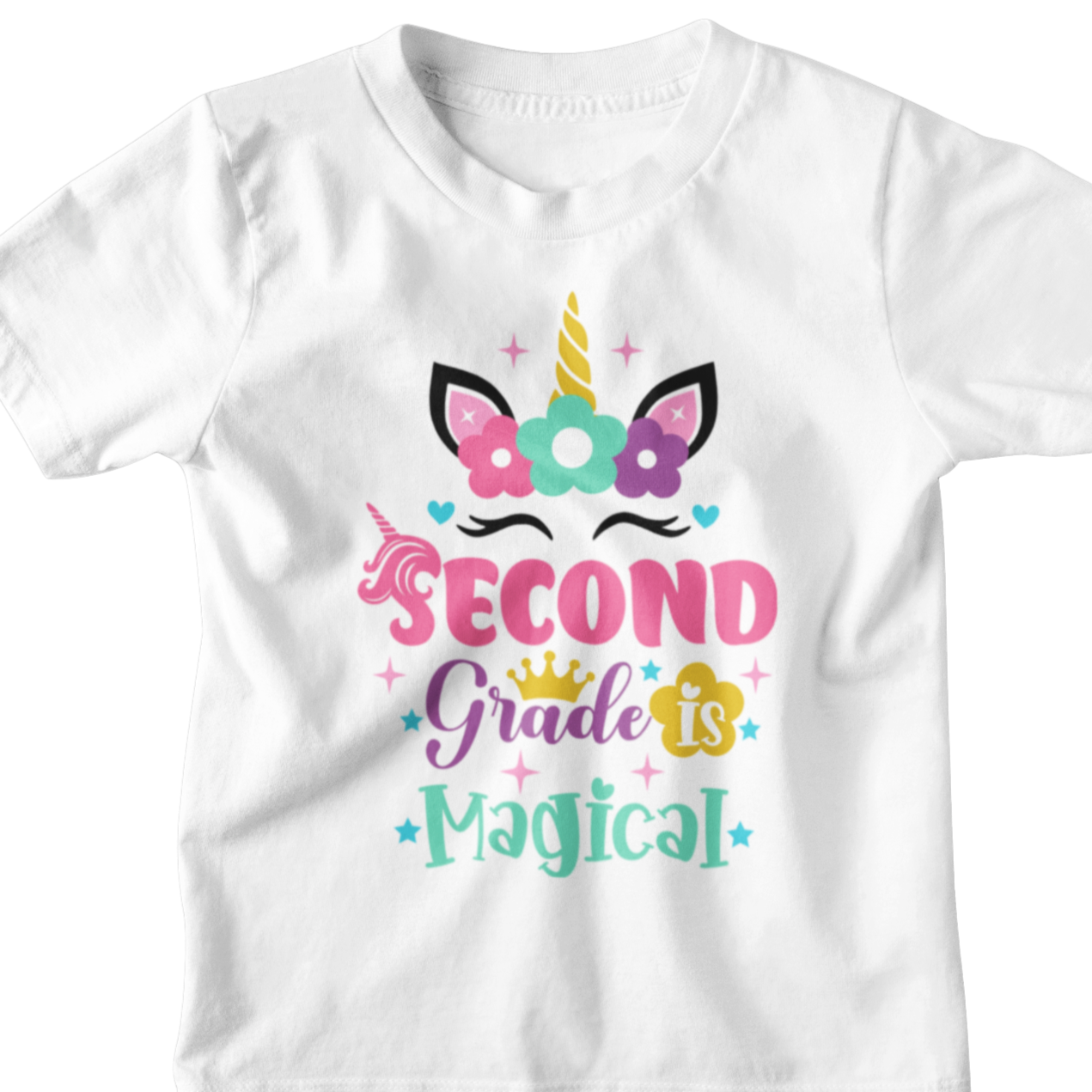 White t-shirt with colorful unicorn design and text on a white background