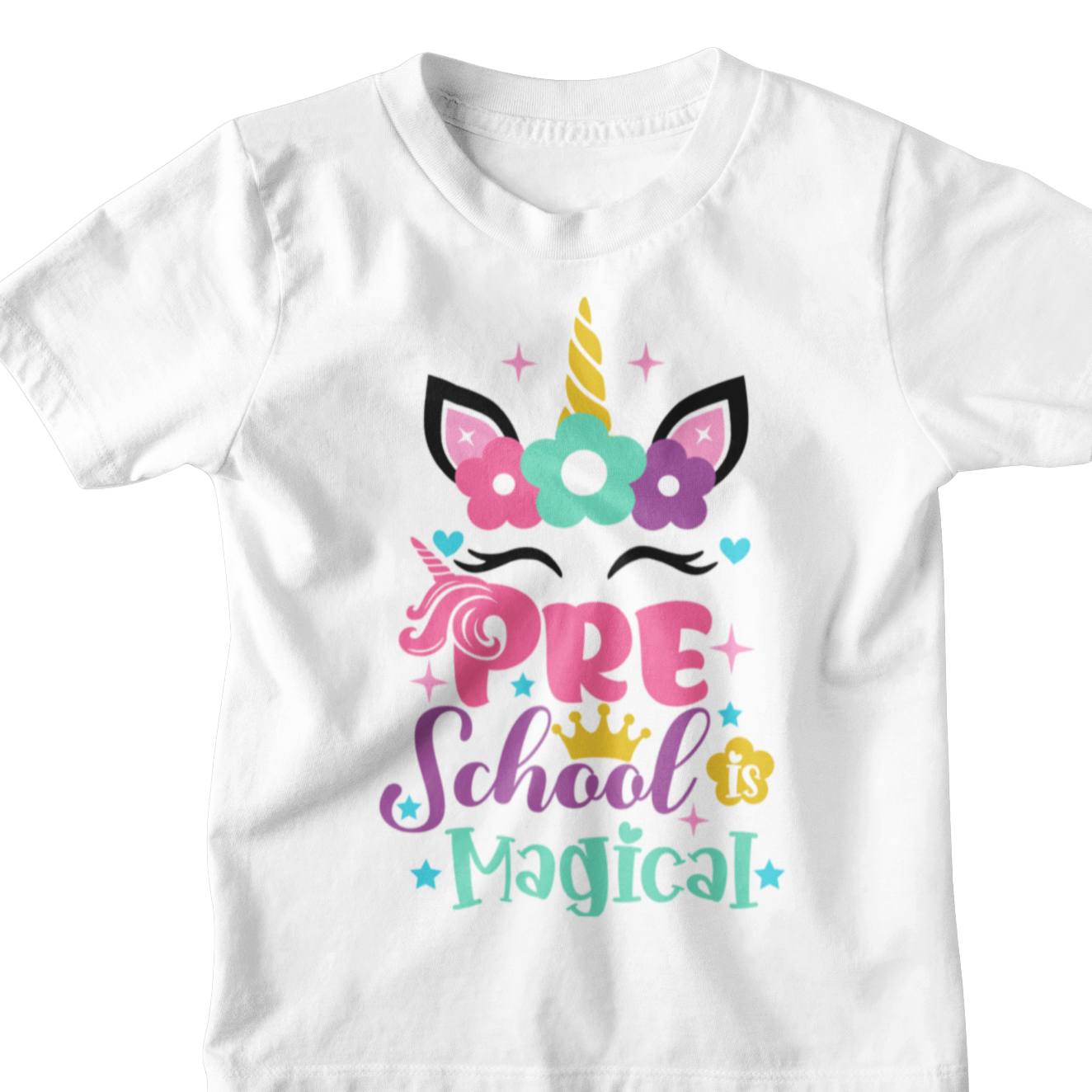 White t-shirt with colorful unicorn design and text on a white background