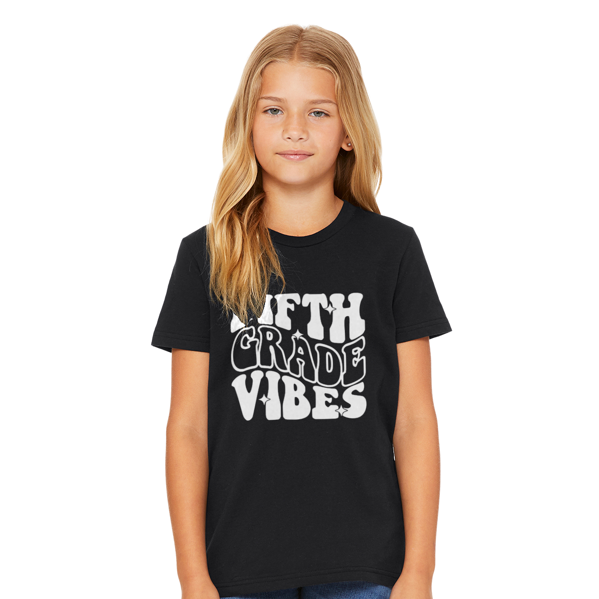Young girl wearing a black t-shirt with 'Fifth Grade Vibes' text on a white background