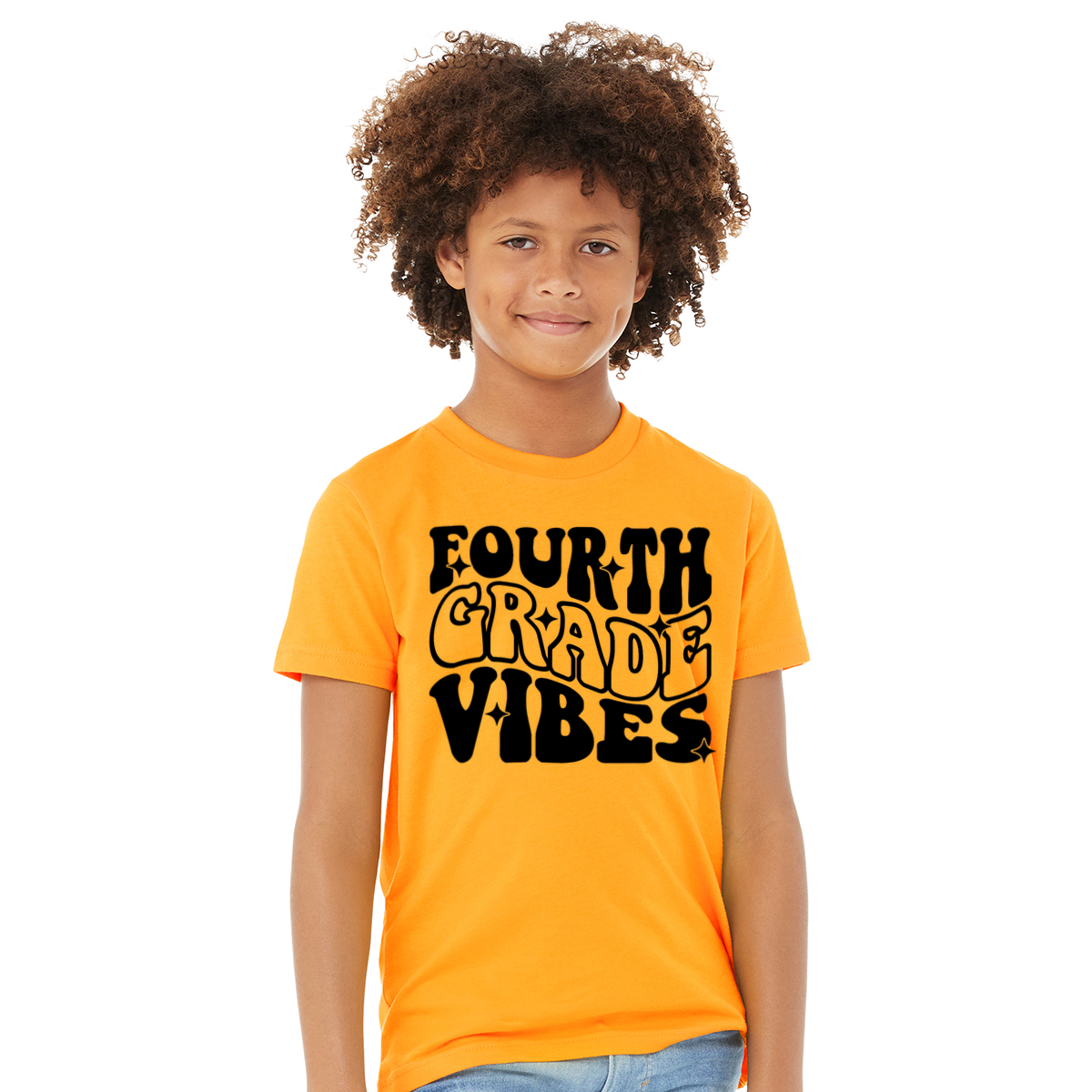 Child wearing an orange t-shirt with 'FOURTH GRADE VIBES' text on a white background
