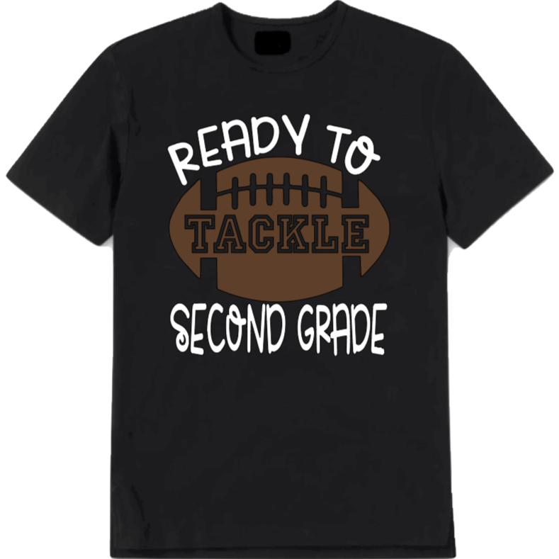 Black t-shirt with a football graphic and text 'Ready to Tackle Second Grade' on a white background