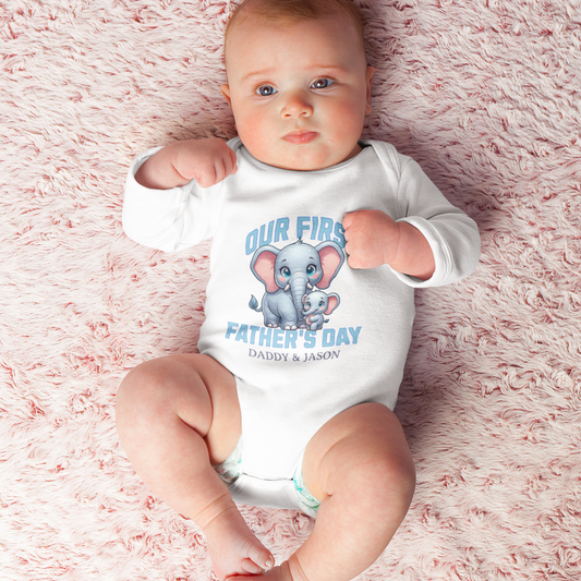 Our First Father's Day Elephant Baby Onesie Personalized w Baby Name