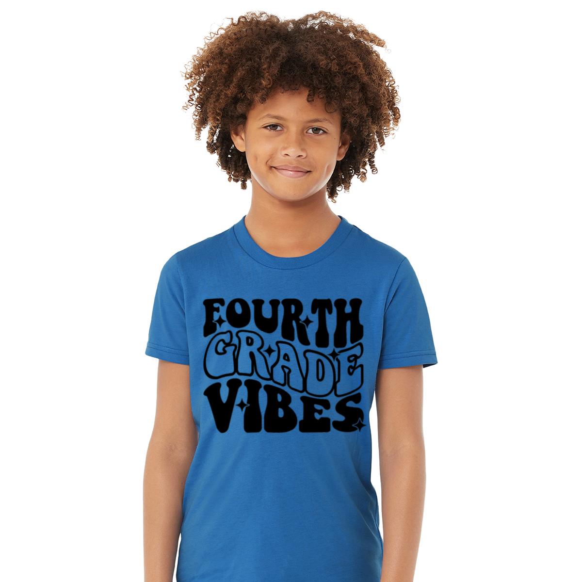 Child wearing a blue t-shirt with 'FOURTH GRADE VIBES' text on a white background